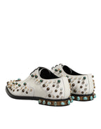 Dolce & Gabbana White Leather Crystals Embellished Derby Shoes