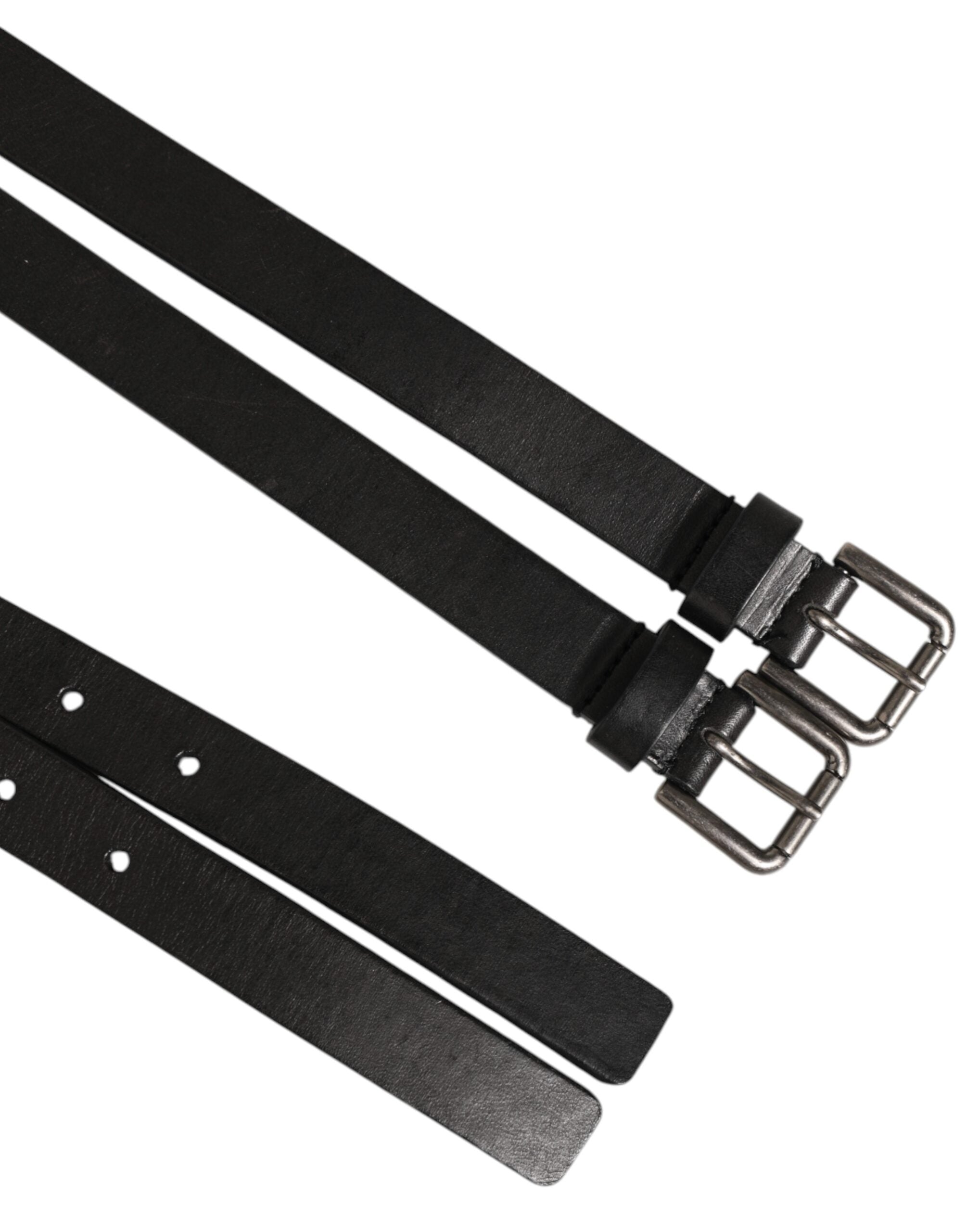 Dolce & Gabbana Black Double Strap Leather Silver Buckle Belt