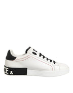 Dolce & Gabbana White Black Leather Low Top Sneaker Shoes