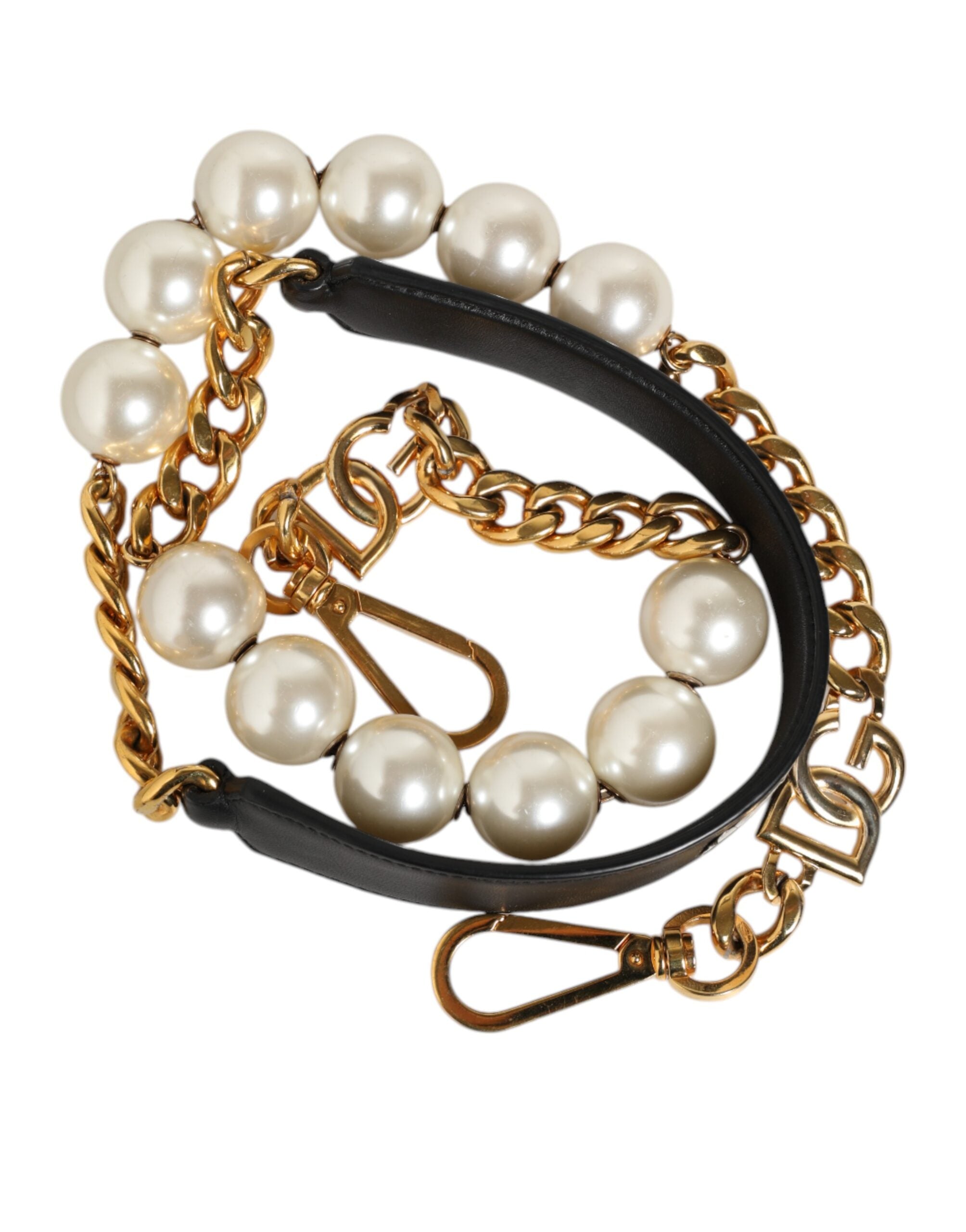 Dolce & Gabbana Black Leather Pearl Chain Bag Accessory Shoulder Strap
