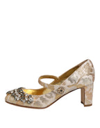 Dolce & Gabbana Gold Jacquard Crystal Mary Janes Pumps Shoes