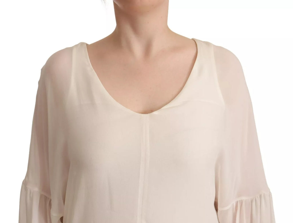 Patrizia Pepe Off White Silk Long Sleeves Deep Vneck Top