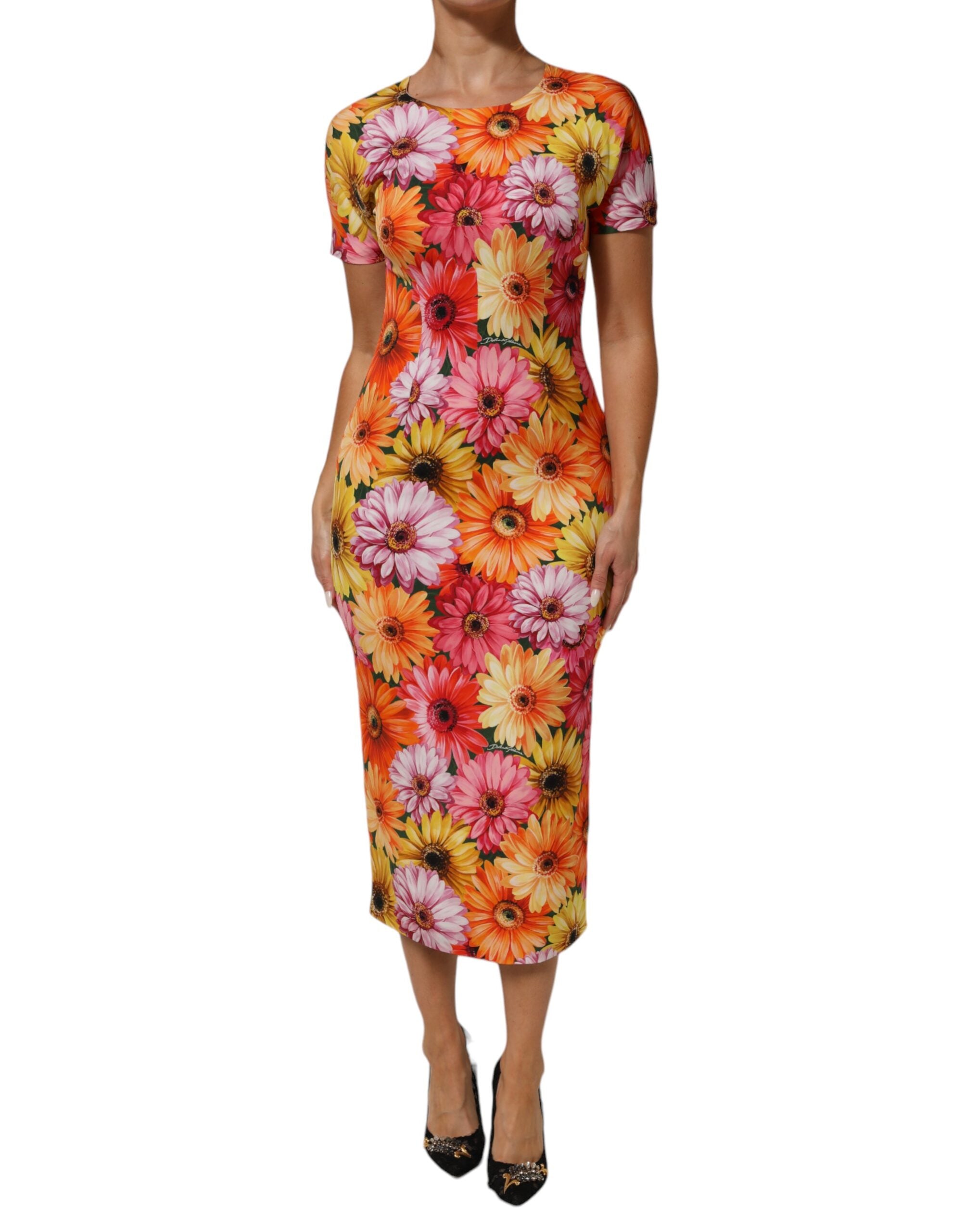 Dolce & Gabbana Multicolor Floral Print SilkSheath Midi Dress