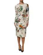 Dolce & Gabbana White Flower Vase Silk Sheath Midi Dress