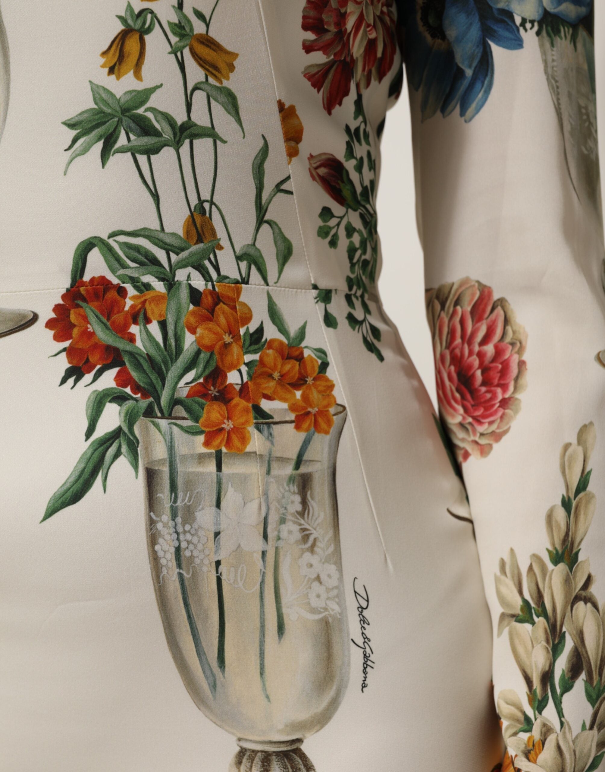 Dolce & Gabbana White Flower Vase Silk Sheath Midi Dress