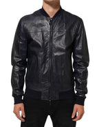 Dolce & Gabbana Blue Leather Full Zip Biker Blouson Jacket