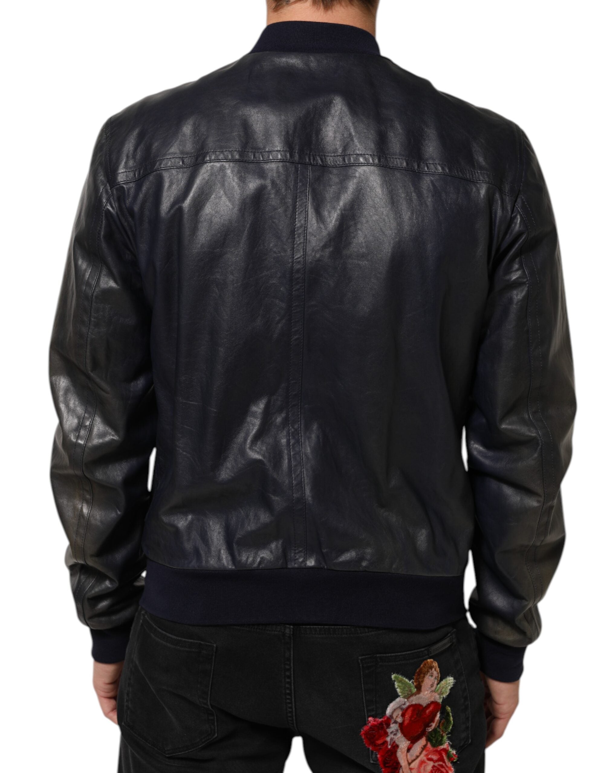 Dolce & Gabbana Blue Leather Full Zip Biker Blouson Jacket