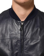 Dolce & Gabbana Blue Leather Full Zip Biker Blouson Jacket