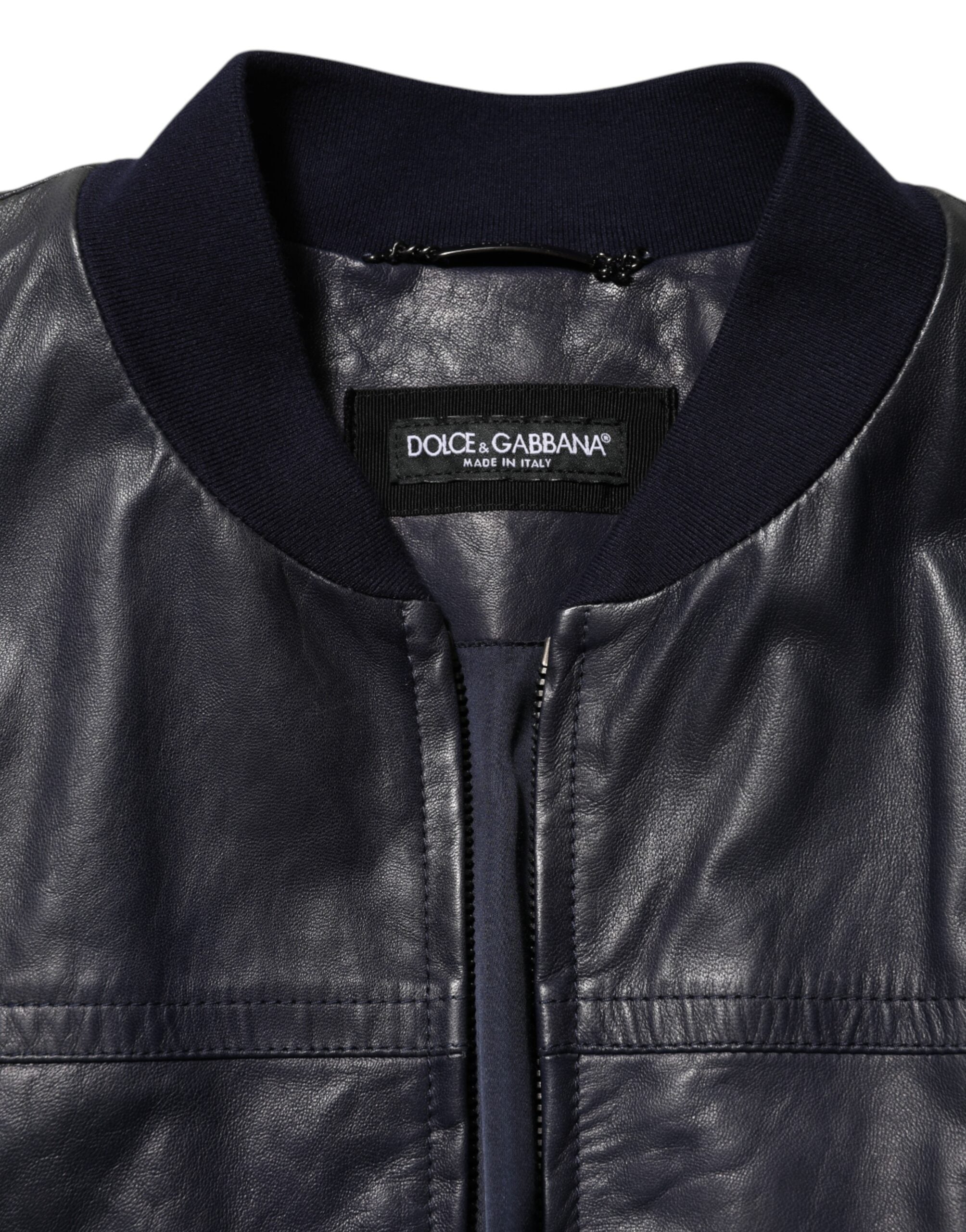 Dolce & Gabbana Blue Leather Full Zip Biker Blouson Jacket