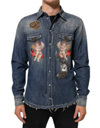 Dolce & Gabbana Blue Angel Patch Denim Buttoned Down Men Shirt