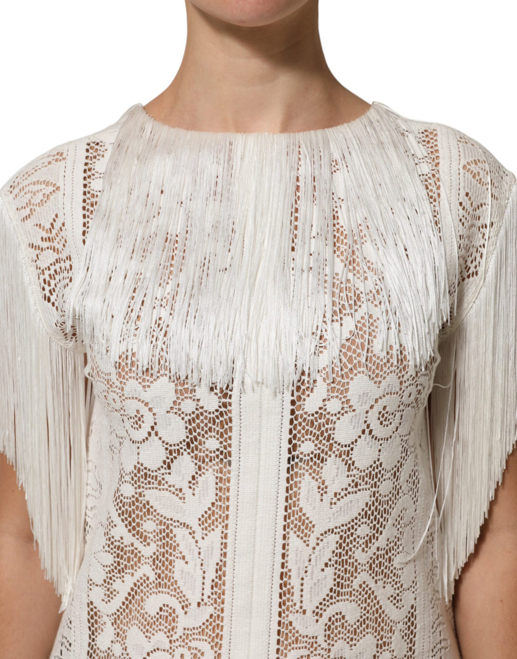 Dolce & Gabbana White Floral Lace Fringe Knee Length Dress