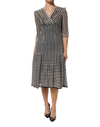 Dolce & Gabbana Black White Stripes Silk V-neck Midi Dress