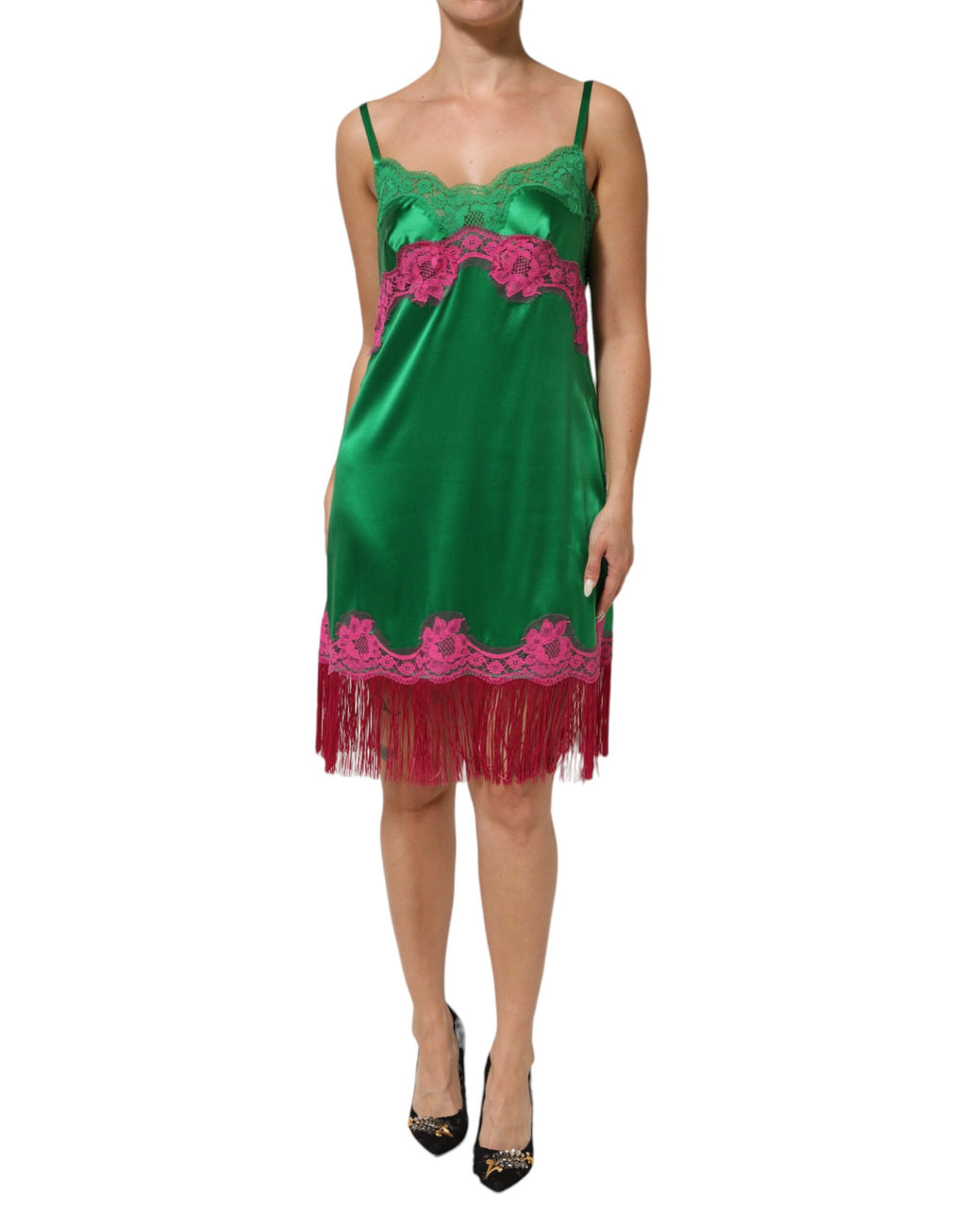 Dolce & Gabbana Green Floral Lace Fringes Lingerie Dress