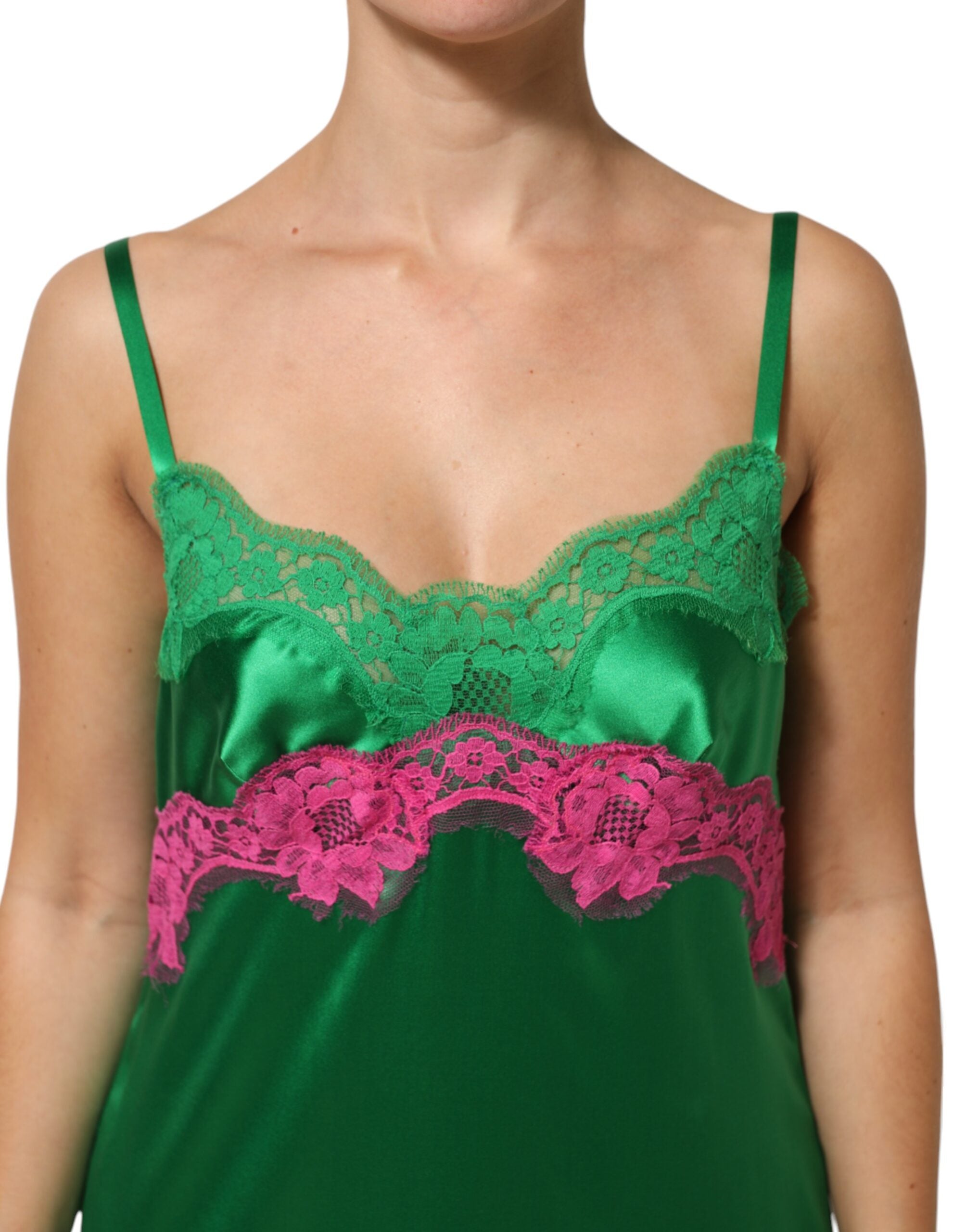 Dolce & Gabbana Green Floral Lace Fringes Lingerie Dress