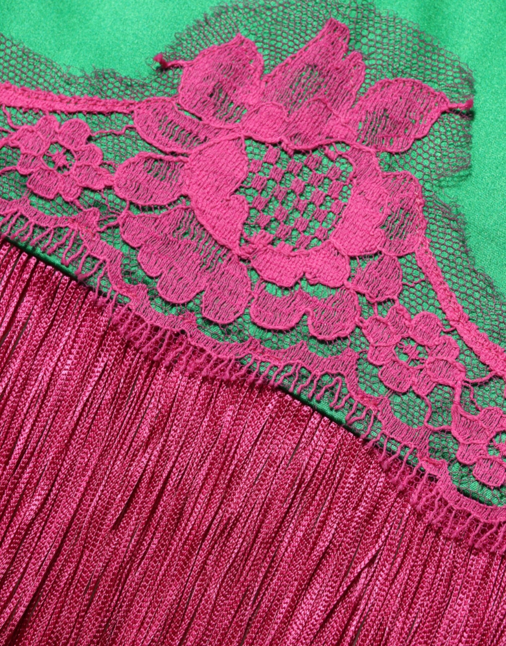 Dolce & Gabbana Green Floral Lace Fringes Lingerie Dress