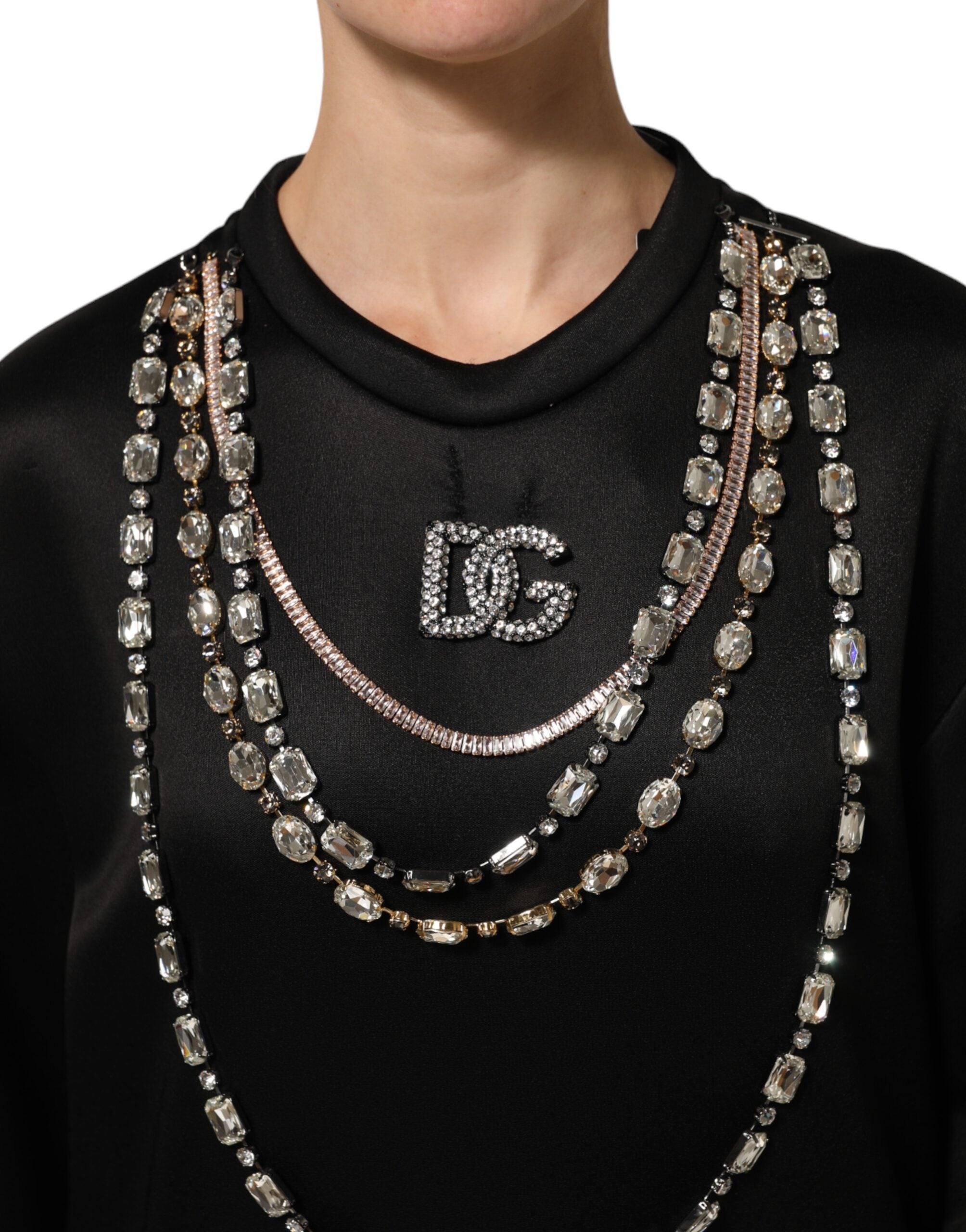 Dolce & Gabbana Black Crystal DG Necklace Sweatshirt Sweater