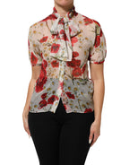 Dolce & Gabbana White Floral Tie-Neck Poppy Print Blouse Top