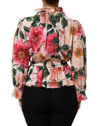 Dolce & Gabbana Pink Floral Printed Silk Ruffled Blouse Top