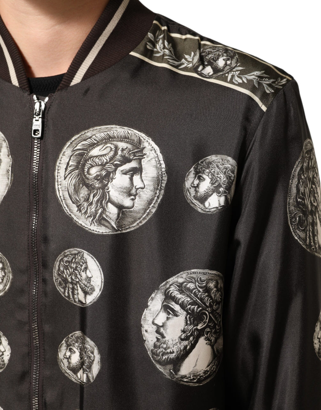 Dolce & Gabbana Black "Monete" Coin Print Silk Bomber Jacket