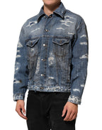 Dolce & Gabbana Blue Cotton Tattered Denim Blouson Jacket