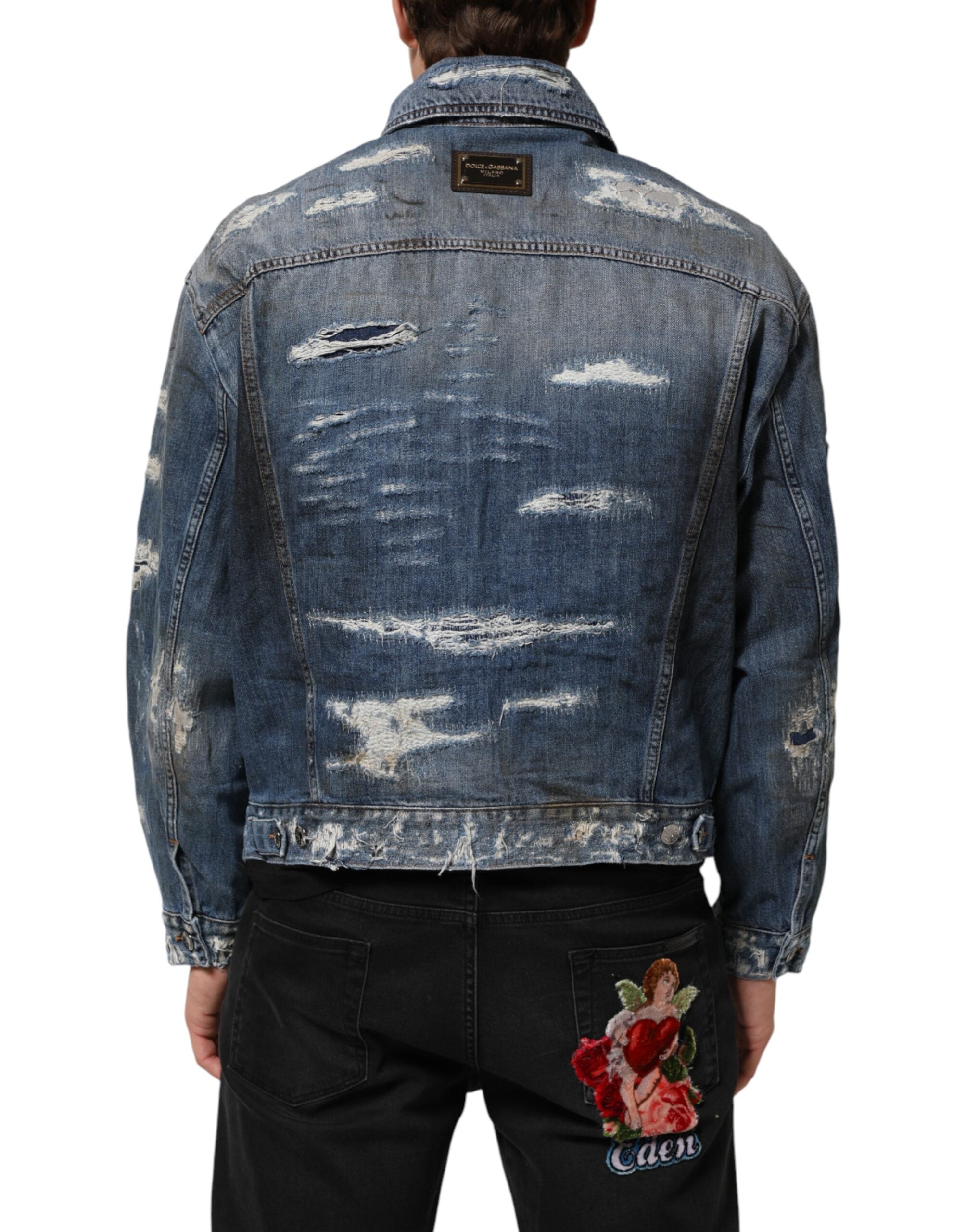 Dolce & Gabbana Blue Cotton Tattered Denim Blouson Jacket