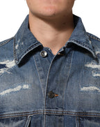Dolce & Gabbana Blue Cotton Tattered Denim Blouson Jacket