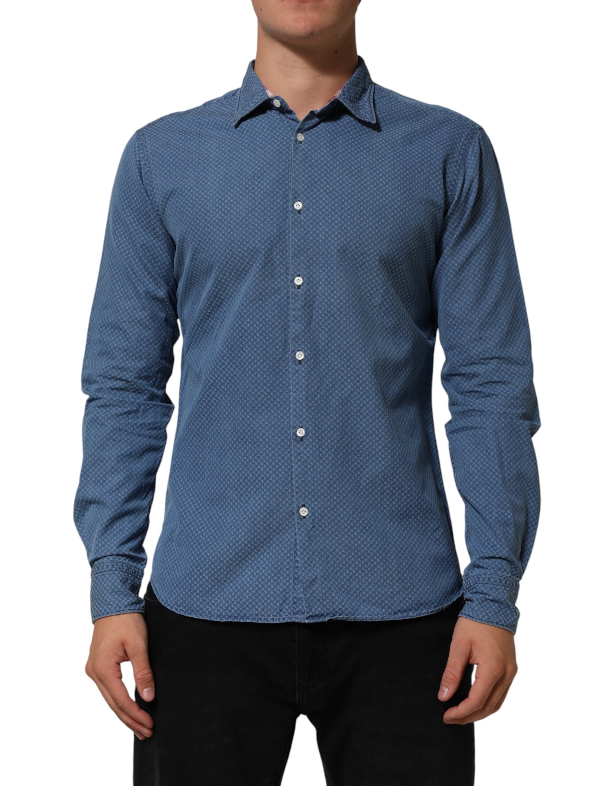AGLINI Blue Cotton Slim Fit Collared Long Sleeve Casual Shirt