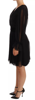 Dolce & Gabbana Black Silk Tulle Long Sleeve V-neck Dress