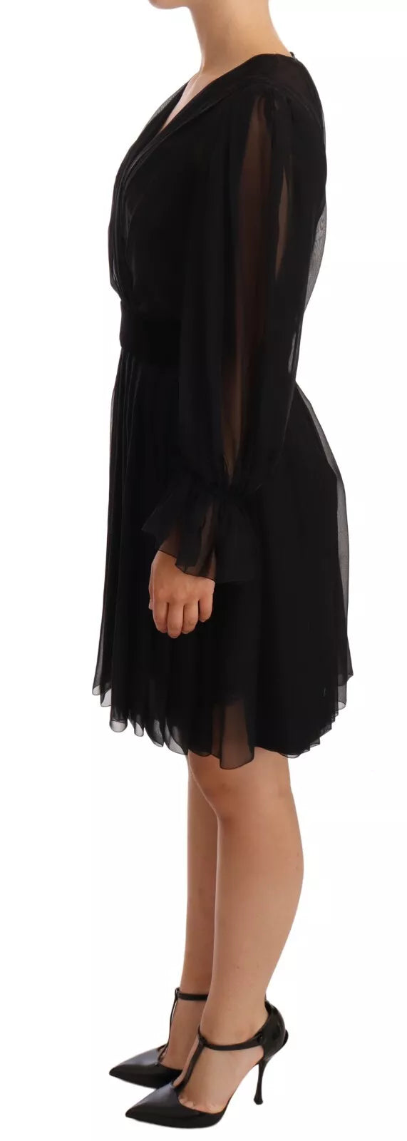 Dolce & Gabbana Black Silk Tulle Long Sleeve V-neck Dress