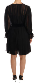 Dolce & Gabbana Black Silk Tulle Long Sleeve V-neck Dress