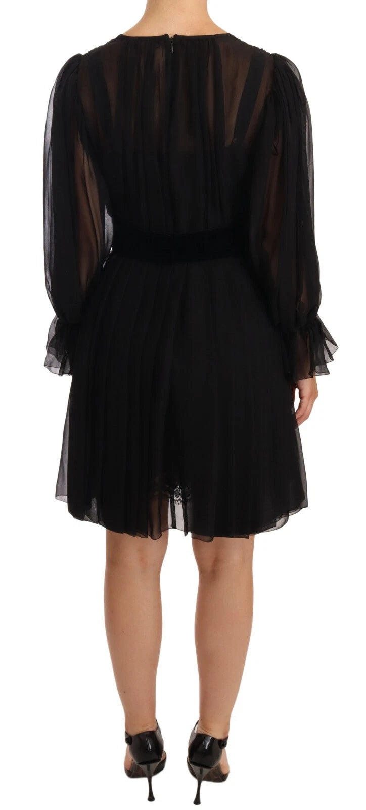 Dolce & Gabbana Black Silk Tulle Long Sleeve V-neck Dress