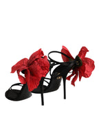 Dolce & Gabbana Black Leather Strappy Flower Heels Sandals  Shoes