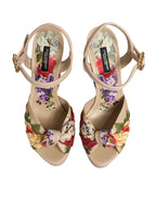 Dolce & Gabbana Beige Floral Ankle Strap Wedge Sandals Shoes
