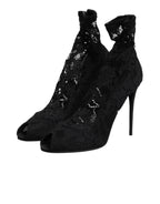 Dolce & Gabbana Black Stretch Taormina Lace Boots Shoes