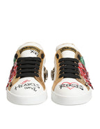 Dolce & Gabbana White Leather Floral Studded Sneakers Shoes