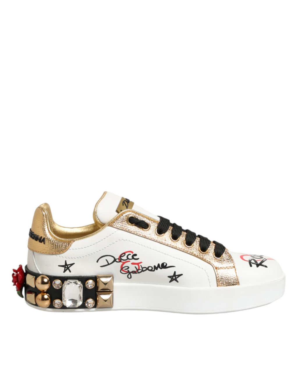 Dolce & Gabbana White Leather Floral Studded Sneakers Shoes