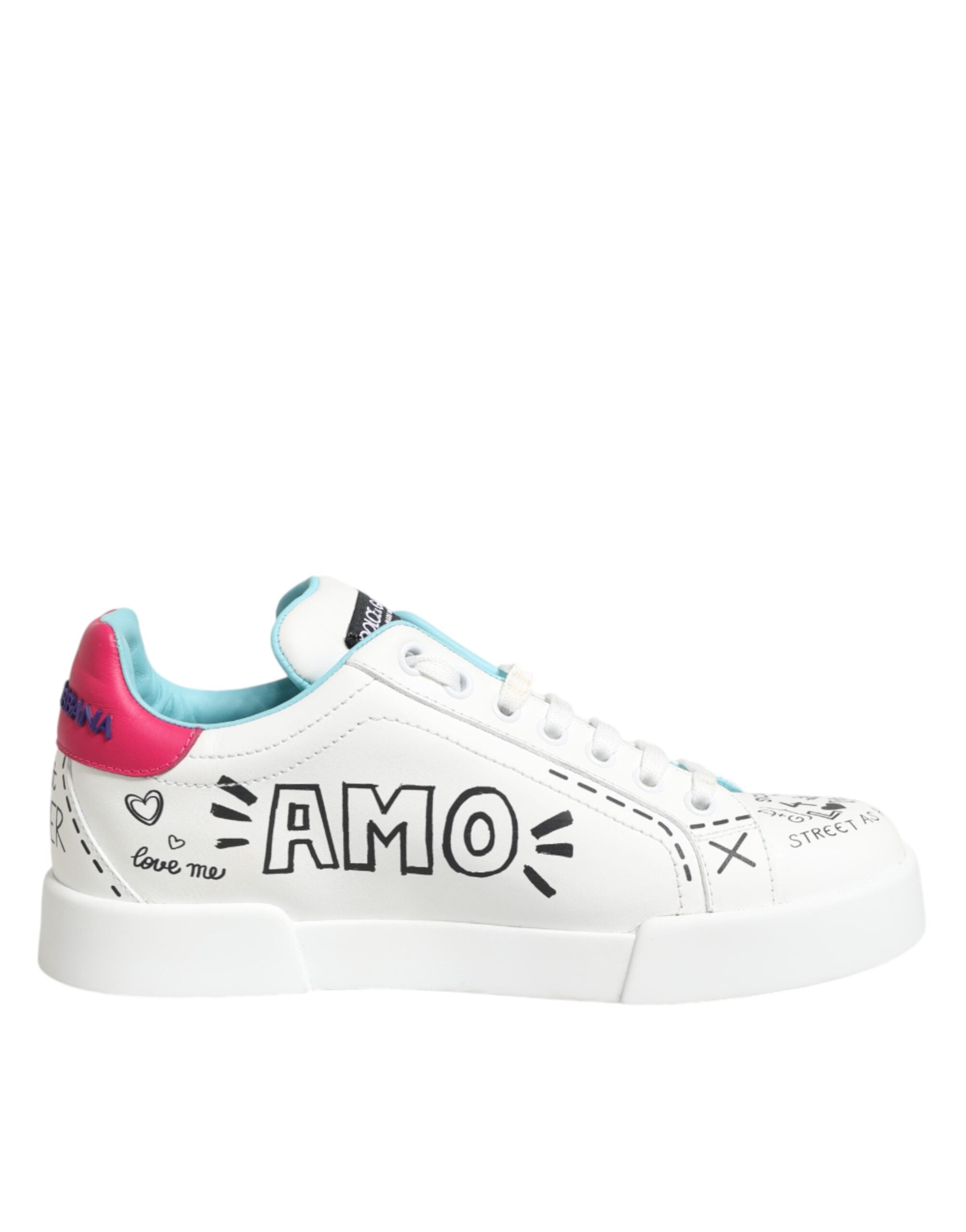 Dolce & Gabbana White Leather Graffiti Low Top Sneakers Shoes
