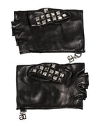 Dolce & Gabbana Black Leather Studded Fingerless Hand Mitten Men Gloves