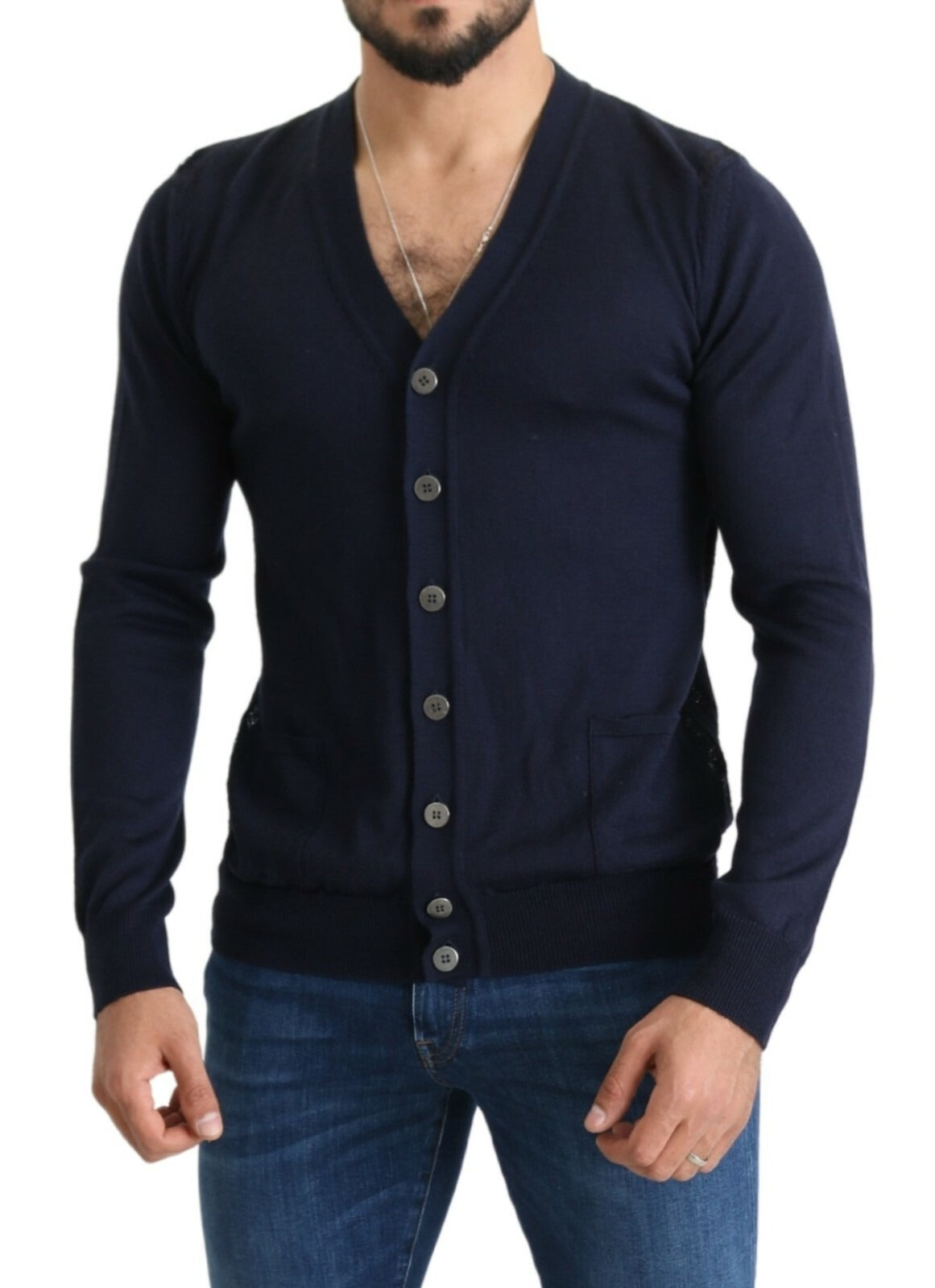 Karl Lagerfeld Wool Blue Full Button Cardigan Mens Top Sweater