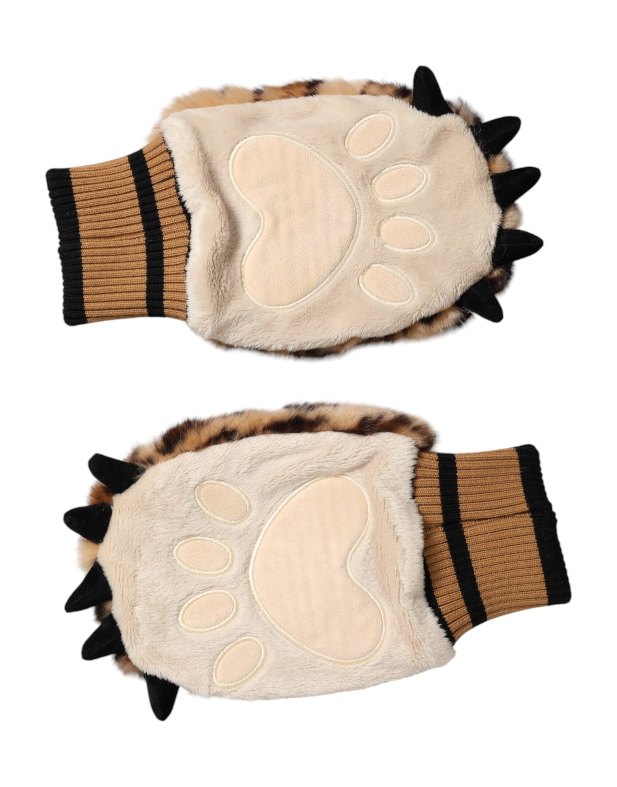 Dolce & Gabbana Brown Leopard Knitted Fur Wrist Mitten Gloves