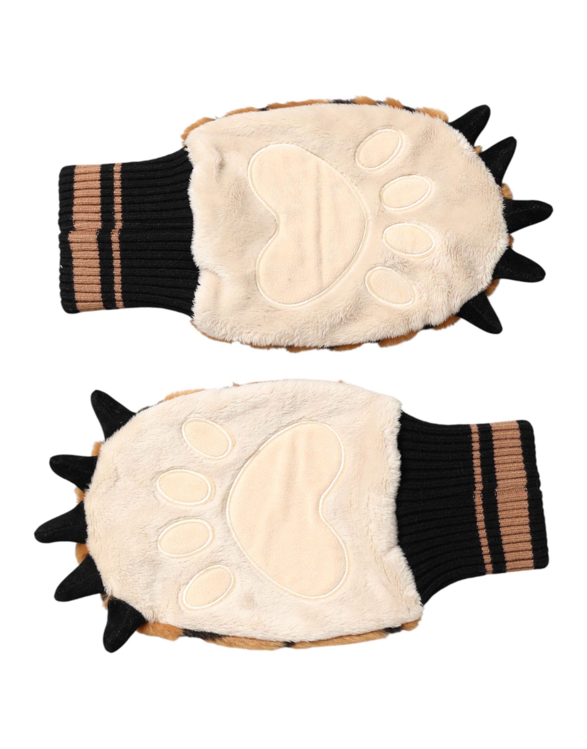 Dolce & Gabbana Brown Tiger Knitted Fur Wrist Mitten One Size Gloves
