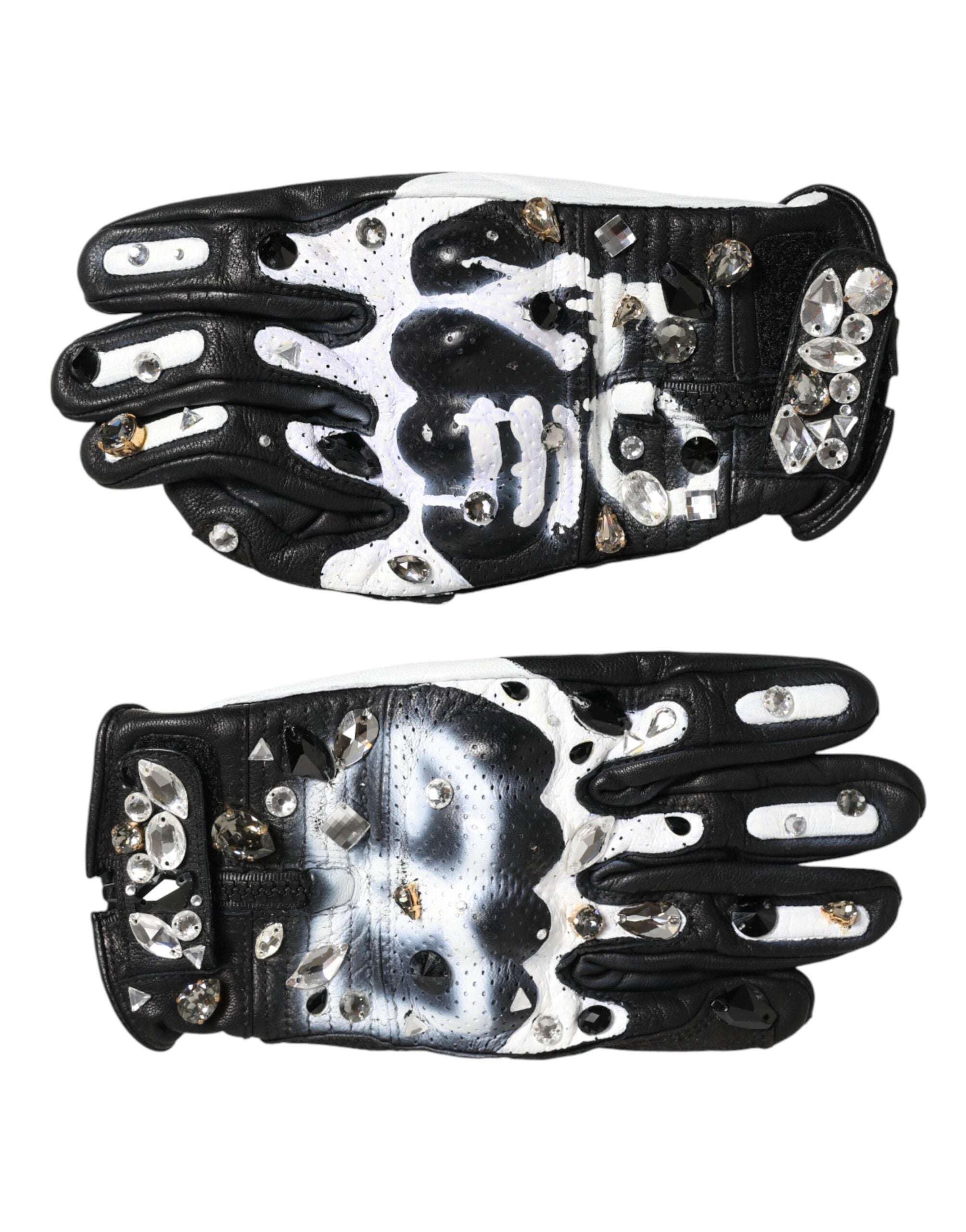 Dolce & Gabbana Gloves Black White Crystal Wrist Length Mitten  Gloves