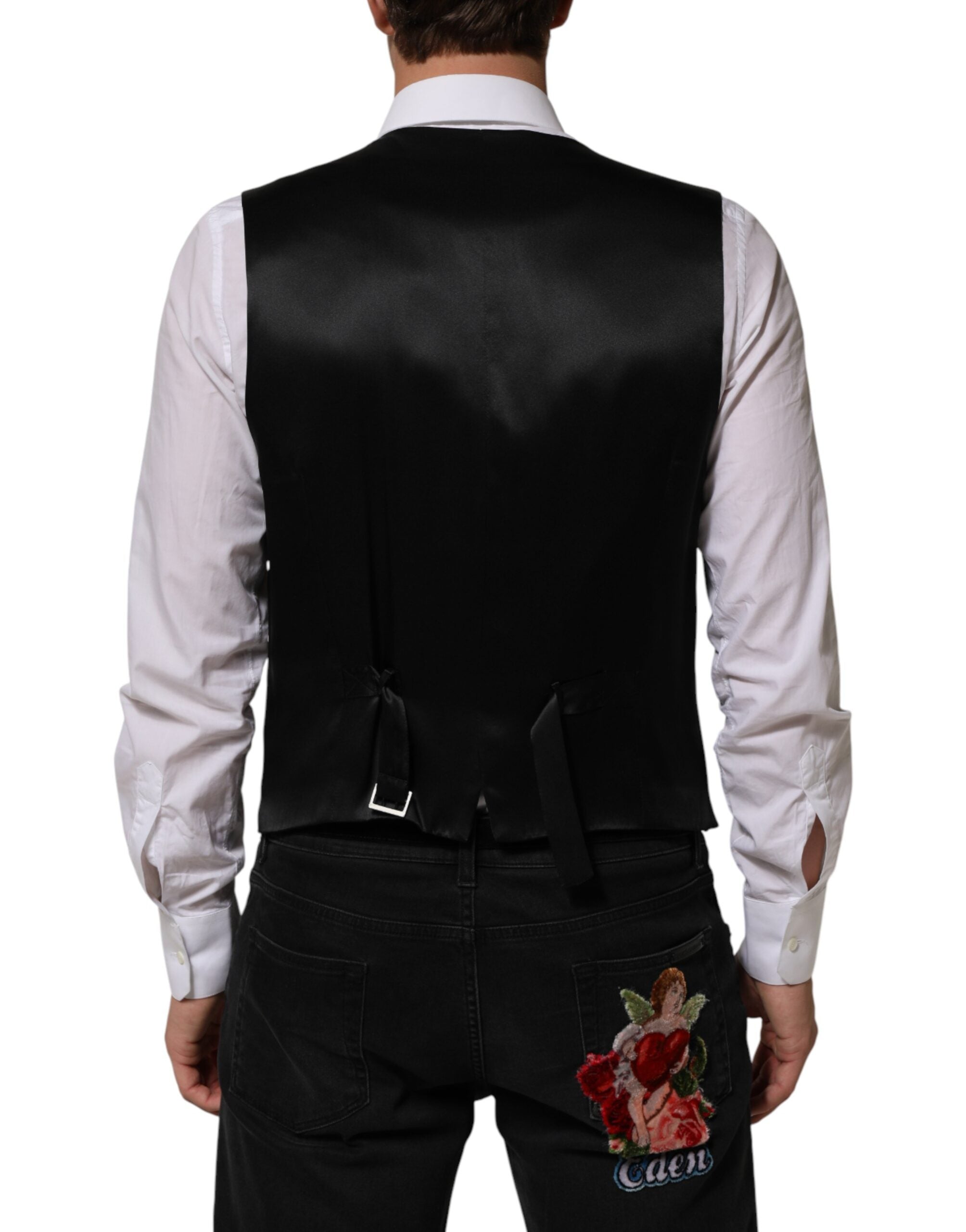 Dolce & Gabbana Black Stripes Wool Dress Men Waistcoat Vest