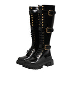 Dolce & Gabbana Black Buckle Embellished Knee High Boots Shoes