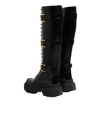 Dolce & Gabbana Black Buckle Embellished Knee High Boots Shoes