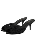 Dolce & Gabbana Black Embroidered Slip On Heels Slides Shoes