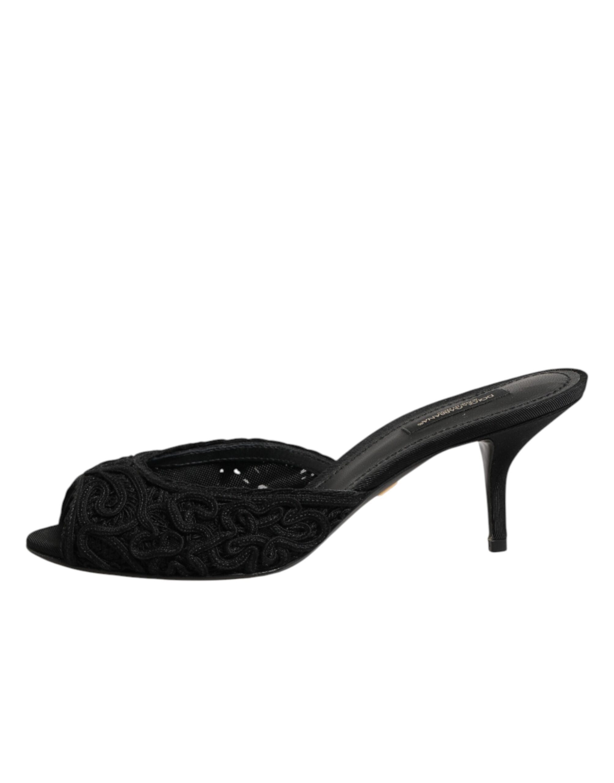 Dolce & Gabbana Black Embroidered Slip On Heels Slides Shoes