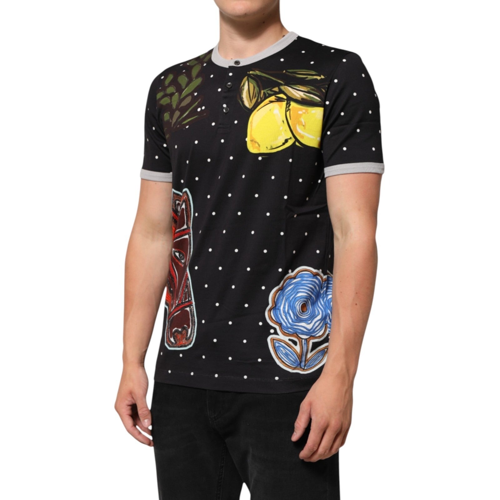 Dolce & Gabbana Black Polka Dot Lemons Horse Henley T-Shirt