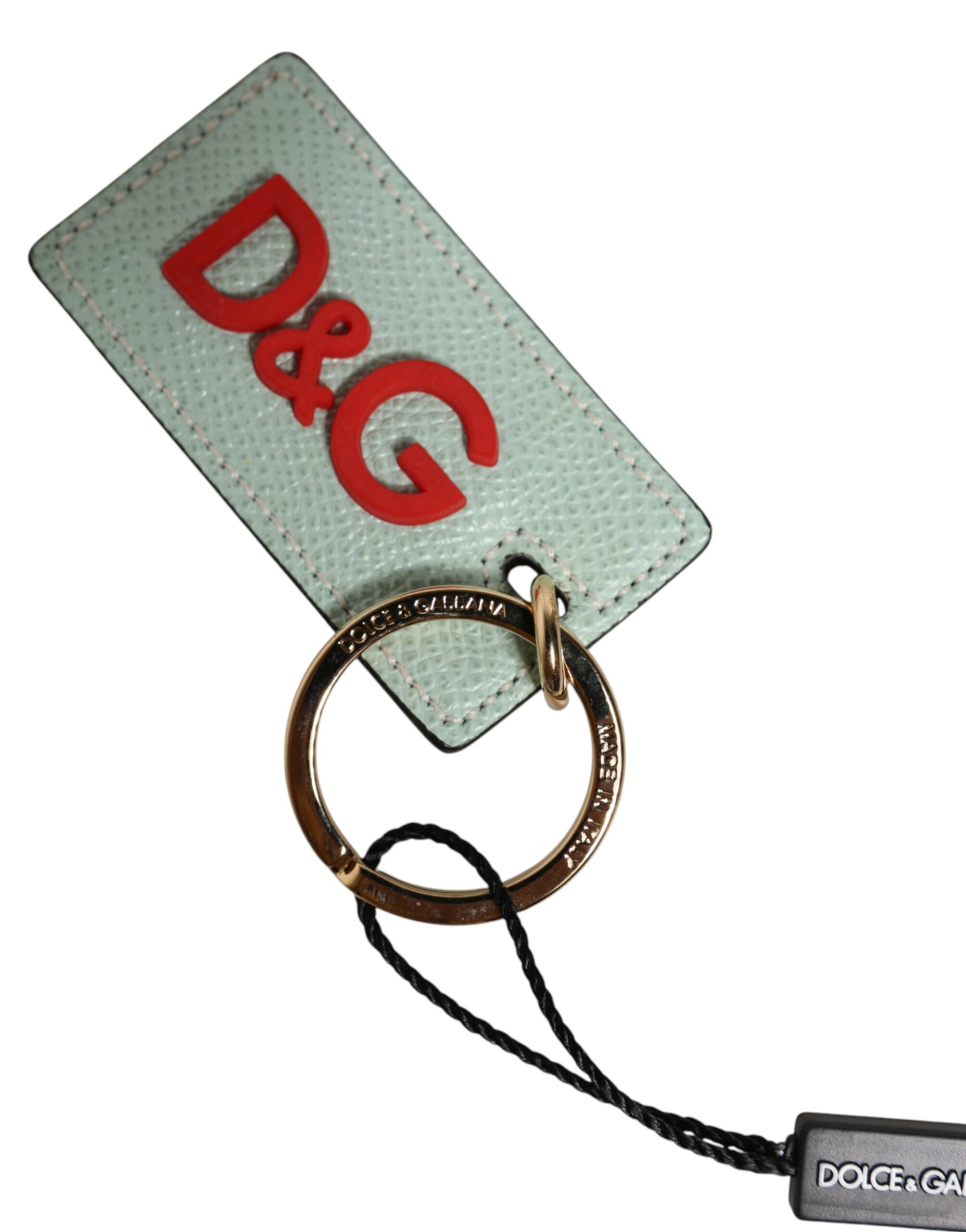 Dolce & Gabbana Mint Green Calf Leather Logo Metal Ring Keychain Keyring