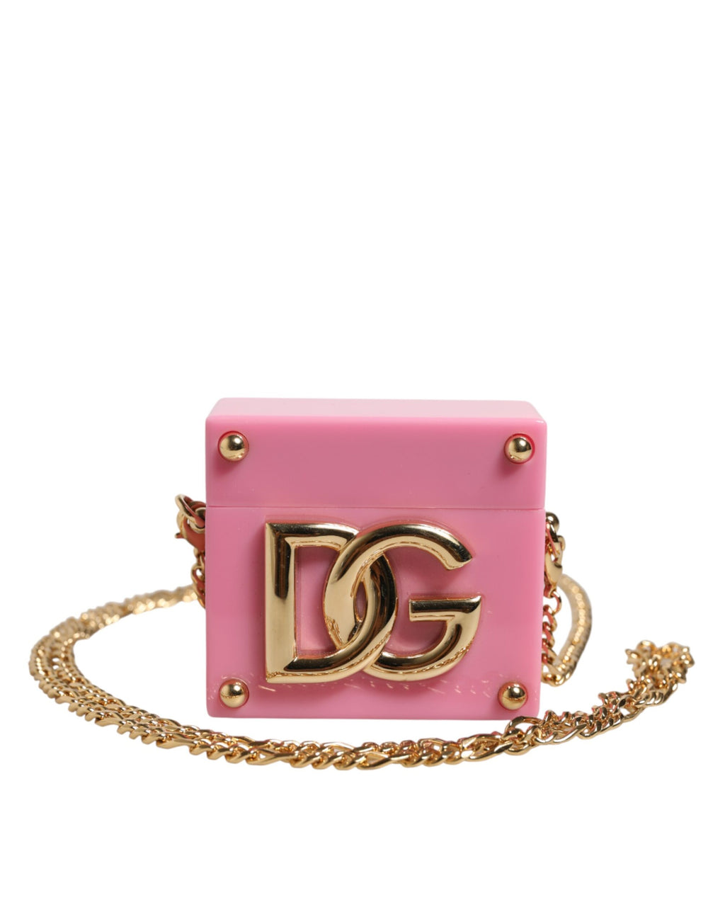 Dolce & Gabbana Pink DG Logo Plaque Cover Gold Chain Airpods Case